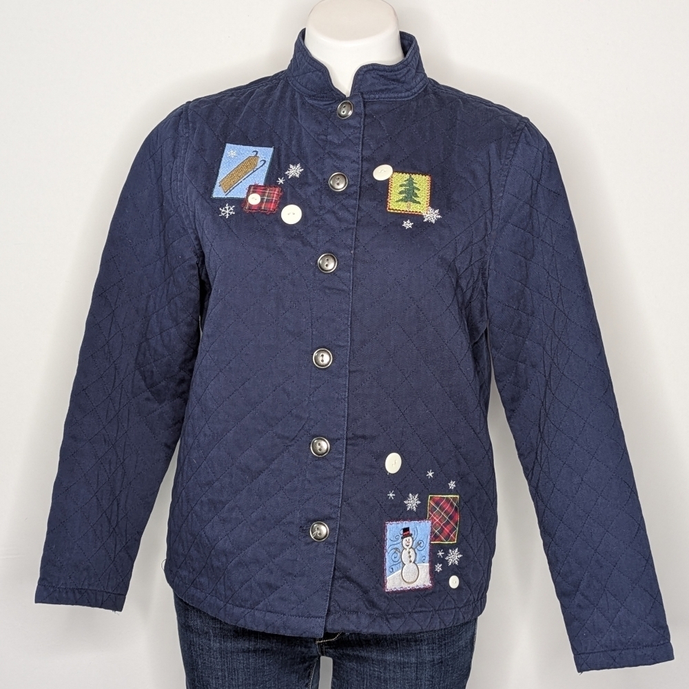 Vintage Breckenridge Blue Winter Snowman Holiday Quilted Button Up Jacket MP